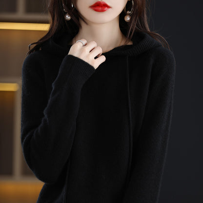 Cashmere Hooded Sweater Women, Autumn Winter Long Sleeve Solid Color Knitted Hoodies