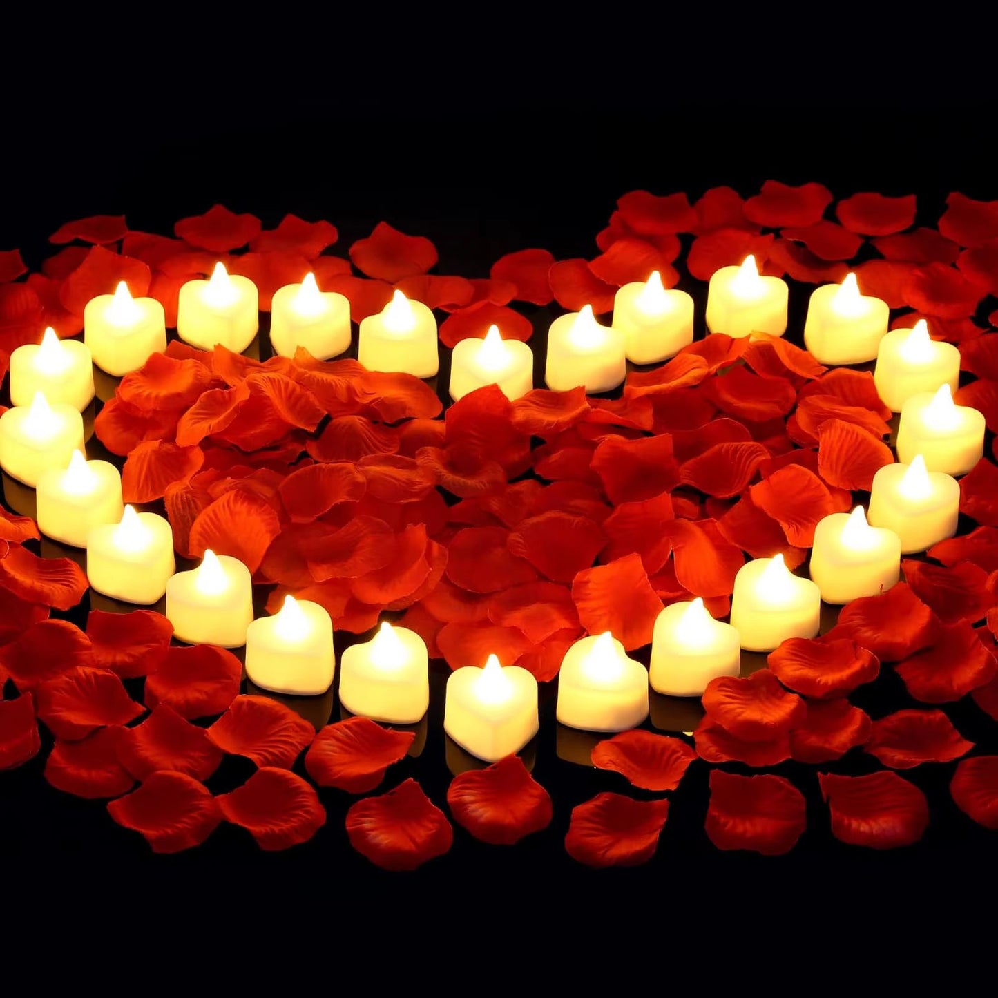Romantic LED Heart Candle & Rose Petal Set – 24/48 Pack Flameless Tea Lights for Weddings, Anniversaries, and Romantic N