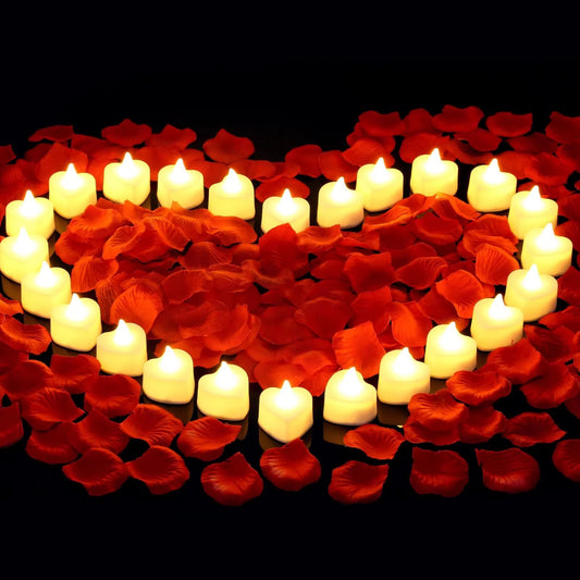 Romantic LED Heart Candle & Rose Petal Set – 24/48 Pack Flameless Tea Lights for Weddings, Anniversaries, and Romantic N