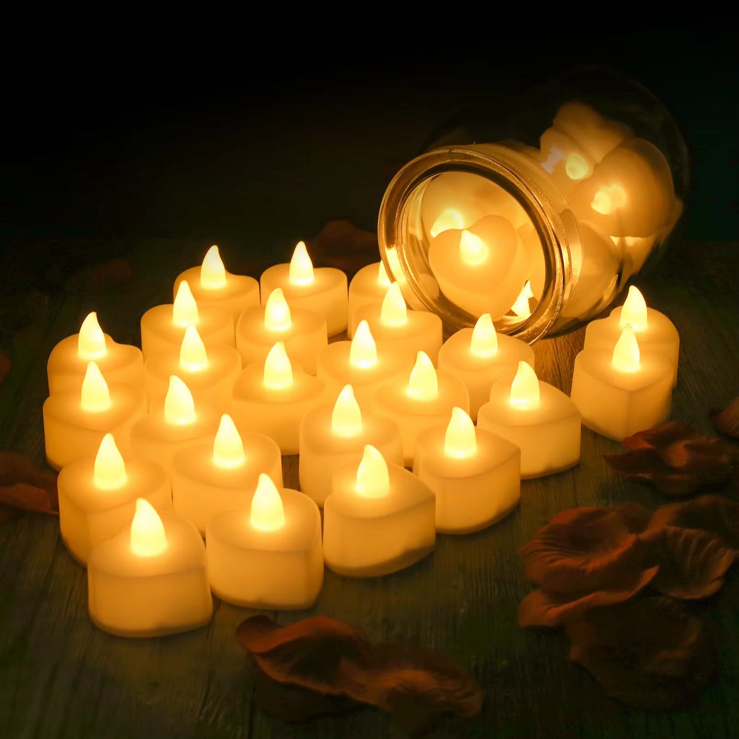 Romantic LED Heart Candle & Rose Petal Set – 24/48 Pack Flameless Tea Lights for Weddings, Anniversaries, and Romantic N