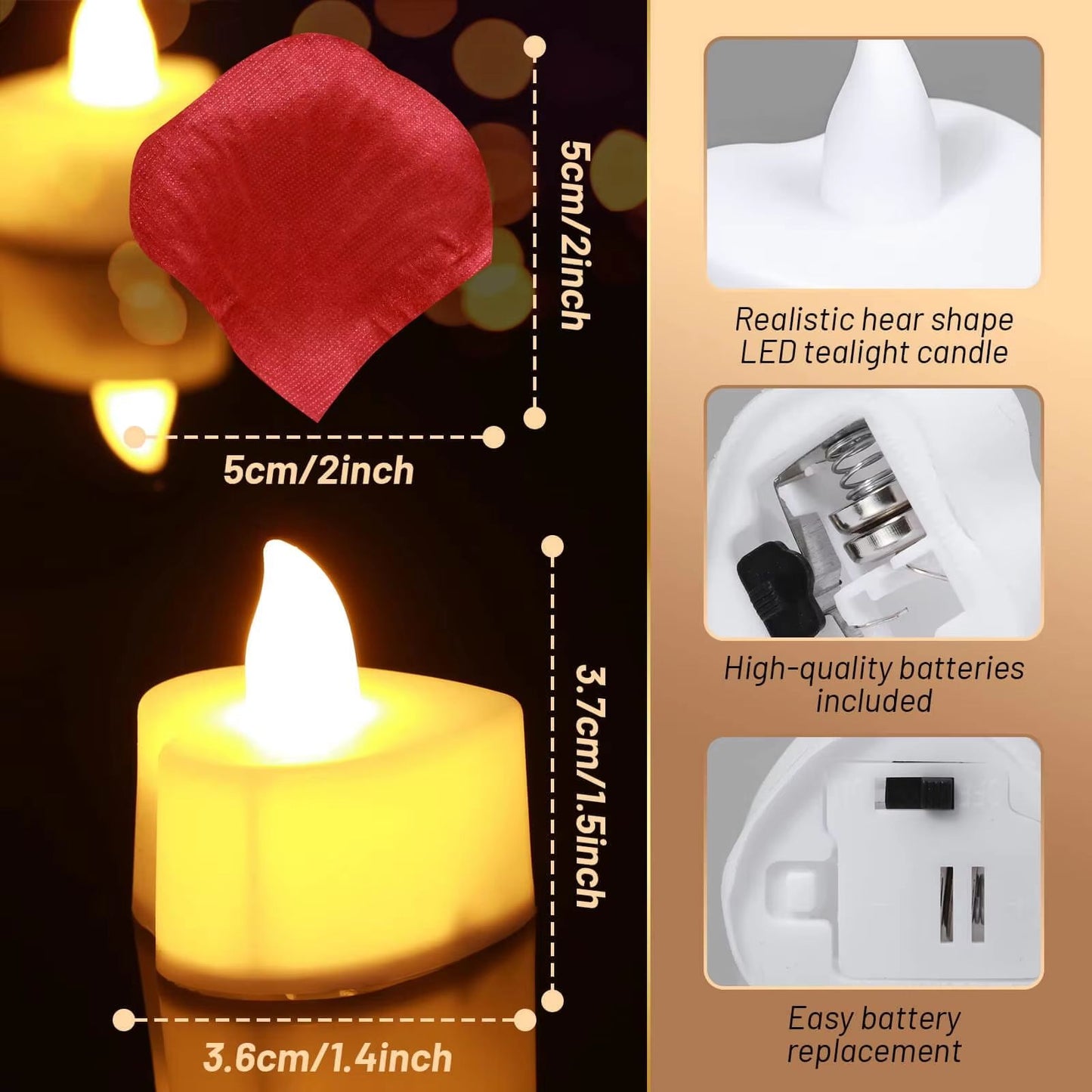 Romantic LED Heart Candle & Rose Petal Set – 24/48 Pack Flameless Tea Lights for Weddings, Anniversaries, and Romantic N