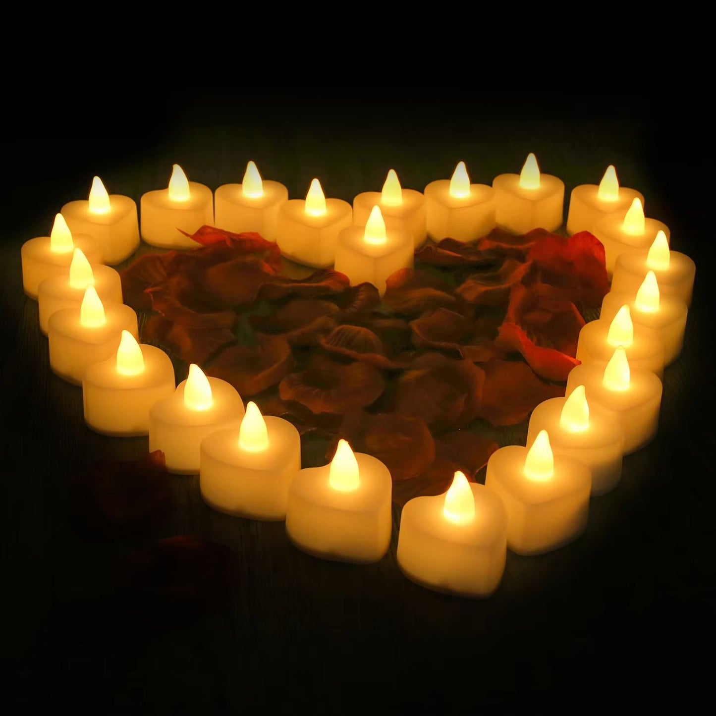 Romantic LED Heart Candle & Rose Petal Set – 24/48 Pack Flameless Tea Lights for Weddings, Anniversaries, and Romantic N