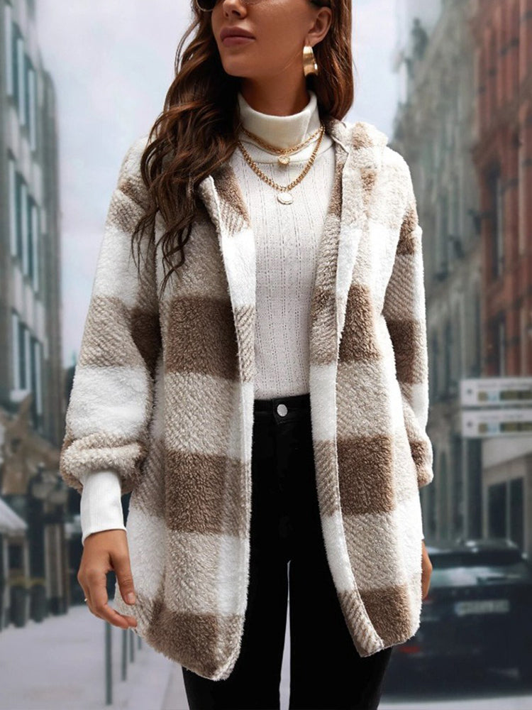 Winter Thick Color-blocked Womens Cardigan, Loose Ribbed Plaid Sweater, Warm Plush Cold-Resistance New Cozy Clothes