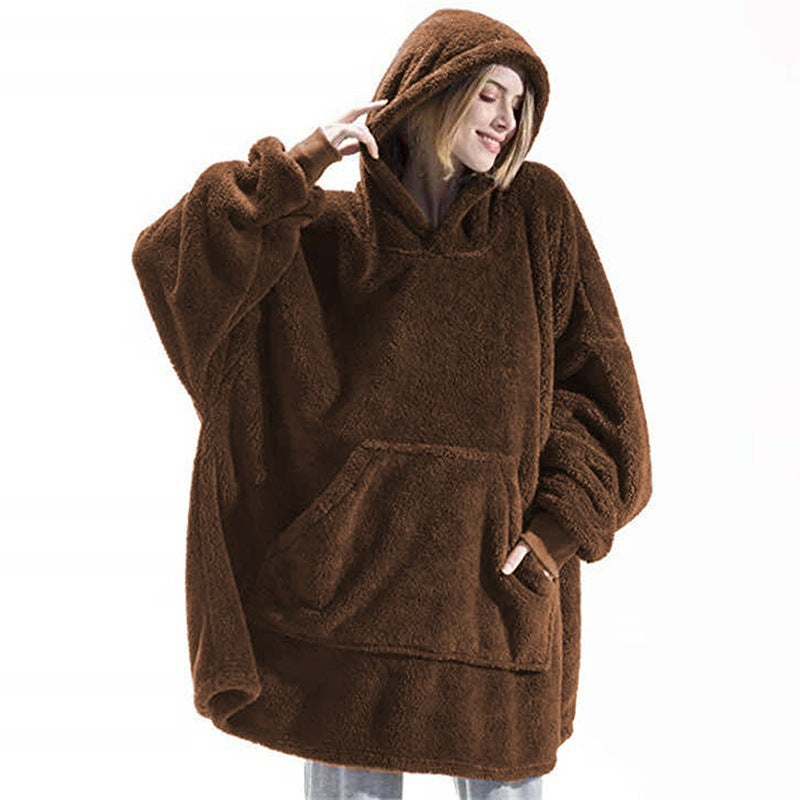 Women Winter Warm Hooded Outerwear, Soft Double Fleece Jacket, Elegant Long Pullover Hoodie, Unisex Thick Home Wear