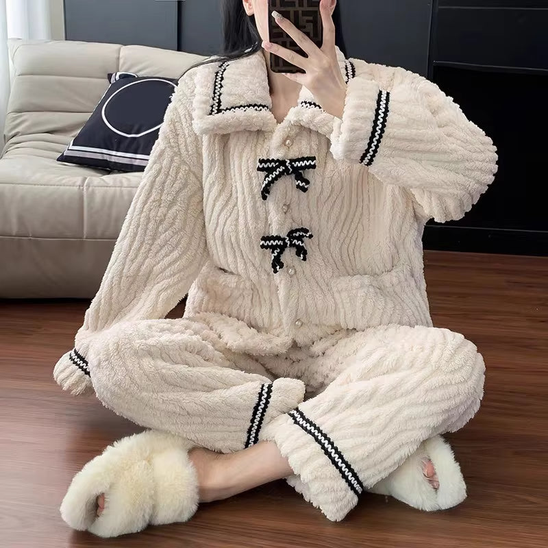 Women's Pajamas 2Pcs Set, Winter Padded and Thickened Loungewear, Cozy Princess Home Wear, Soft Fleece Sleepwear