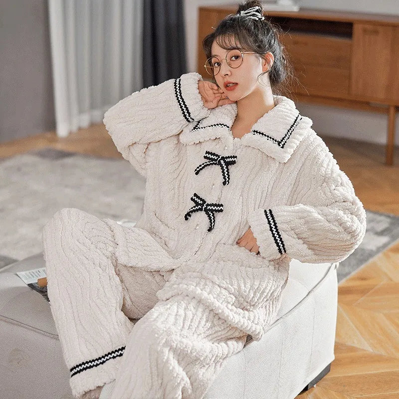 Women's Pajamas 2Pcs Set, Winter Padded and Thickened Loungewear, Cozy Princess Home Wear, Soft Fleece Sleepwear