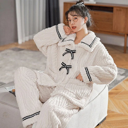 Women's Pajamas 2Pcs Set, Winter Padded and Thickened Loungewear, Cozy Princess Home Wear, Soft Fleece Sleepwear
