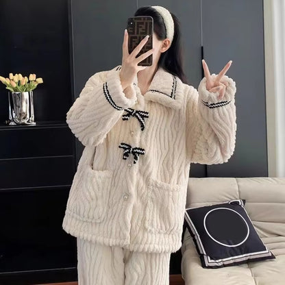 Women's Pajamas 2Pcs Set, Winter Padded and Thickened Loungewear, Cozy Princess Home Wear, Soft Fleece Sleepwear