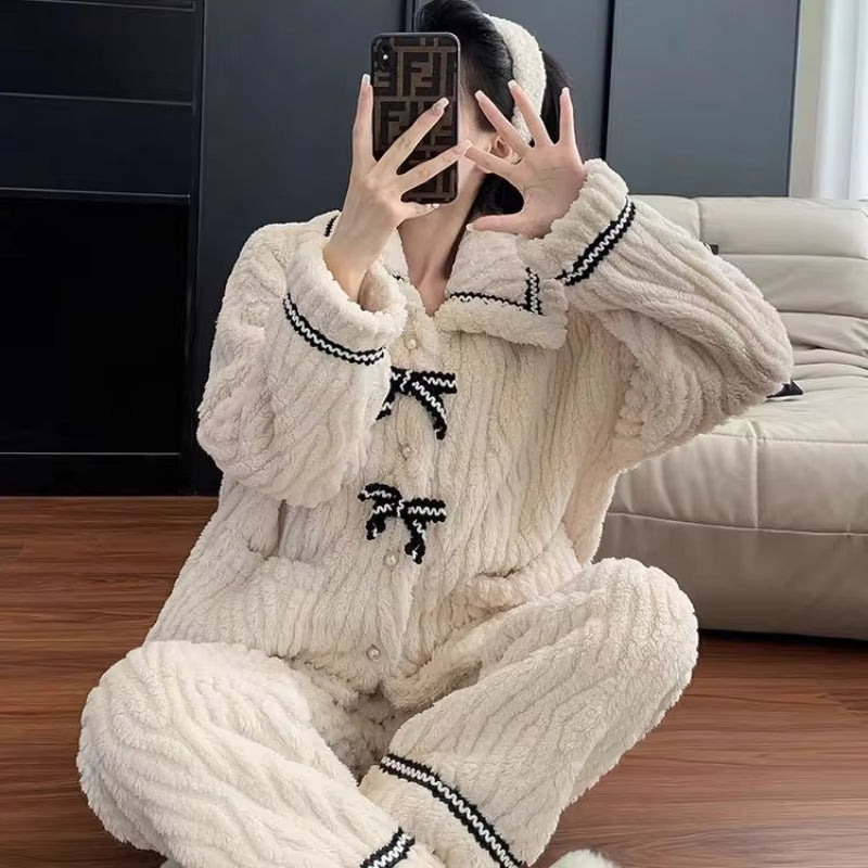 Women's Pajamas 2Pcs Set, Winter Padded and Thickened Loungewear, Cozy Princess Home Wear, Soft Fleece Sleepwear