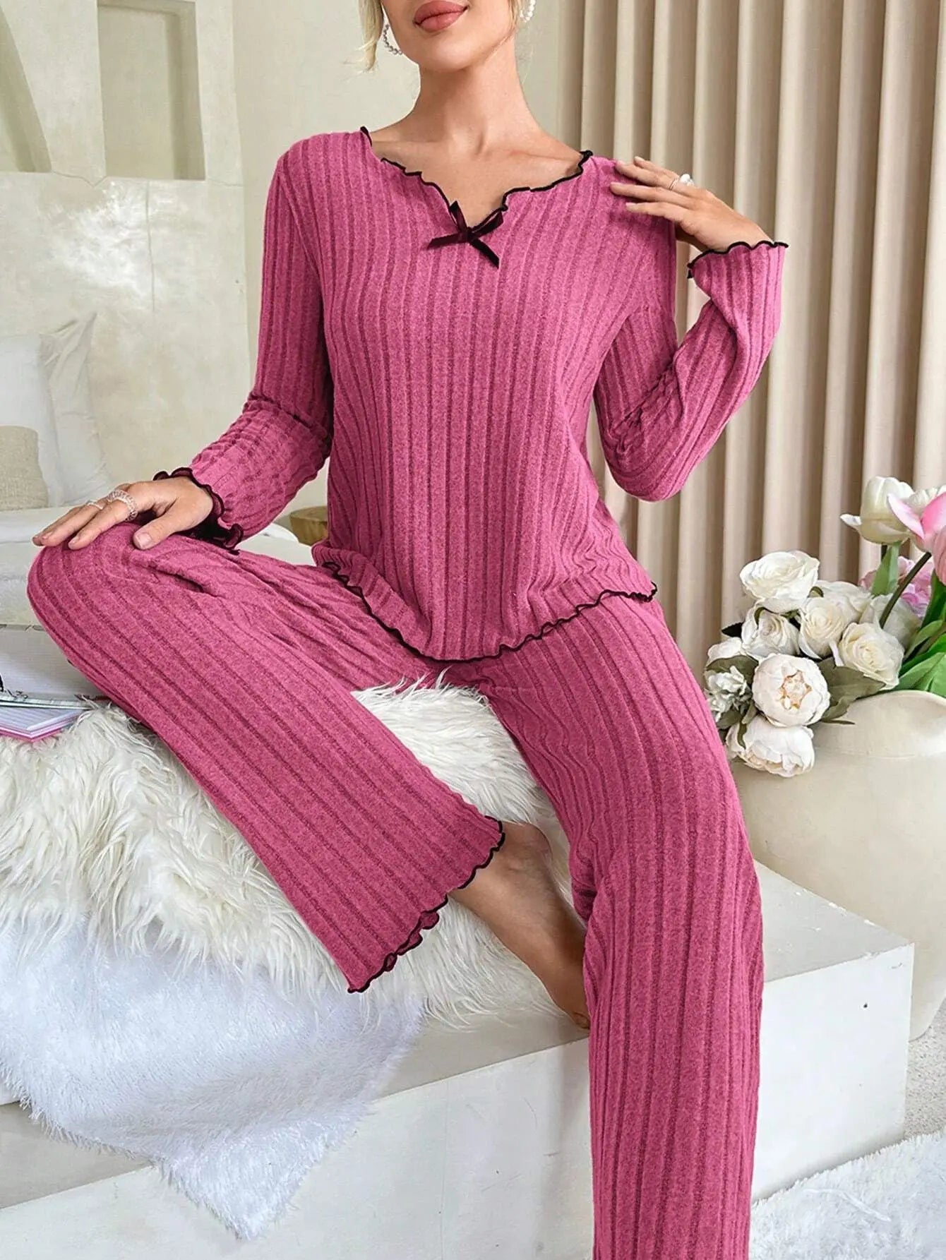 Women's Cozy Winter Pajama Set, Long Sleeve Top and Trousers, 2 Piece Loungewear, Casual Homewear