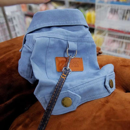 DenimWalk Dog Denim Overall with D-Ring – Stylish Leash-Ready Jacket for Small & Medium Dogs