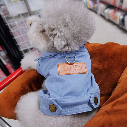 DenimWalk Dog Denim Overall with D-Ring – Stylish Leash-Ready Jacket for Small & Medium Dogs