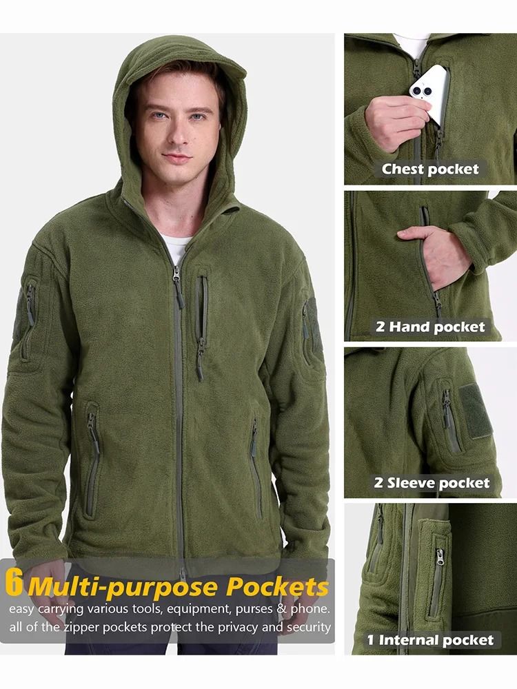 Mens Winter Tactical Fleece Jacket with Multiple Pockets and Hood