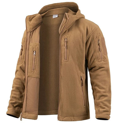 Mens Winter Tactical Fleece Jacket with Multiple Pockets and Hood