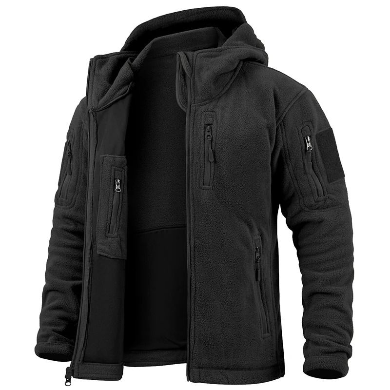 Mens Winter Tactical Fleece Jacket with Multiple Pockets and Hood