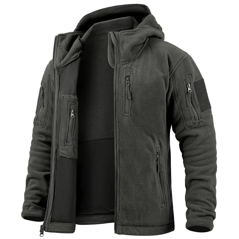 Mens Winter Tactical Fleece Jacket with Multiple Pockets and Hood