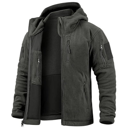 Mens Winter Tactical Fleece Jacket with Multiple Pockets and Hood