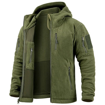 Mens Winter Tactical Fleece Jacket with Multiple Pockets and Hood