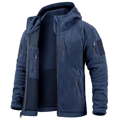 Mens Winter Tactical Fleece Jacket with Multiple Pockets and Hood