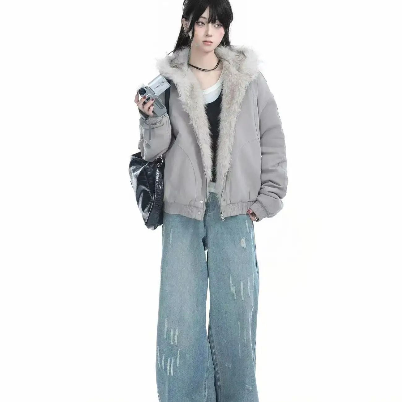 Unisex Retro Plush Winter Jacket with Fur Collar