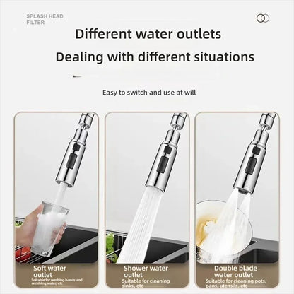 Universal 720 Degree Swivel Kitchen Faucet Sprayer Three Mode Adjustable Water Flow Tap Extender with Hot and Cold Water