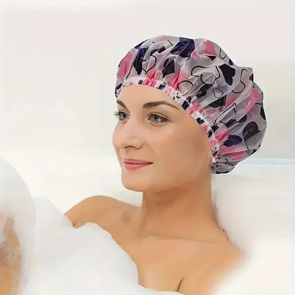 Adjustable Printed Shower Cap Waterproof Reusable with Elastic Band for Women Spa Salon