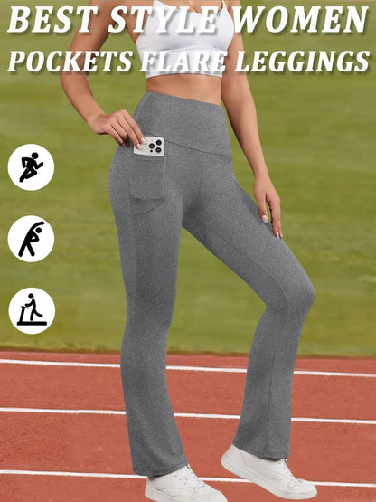 Womens Super Soft Flare Pants with Pockets High Waisted Yoga Bell Bottom Leggings
