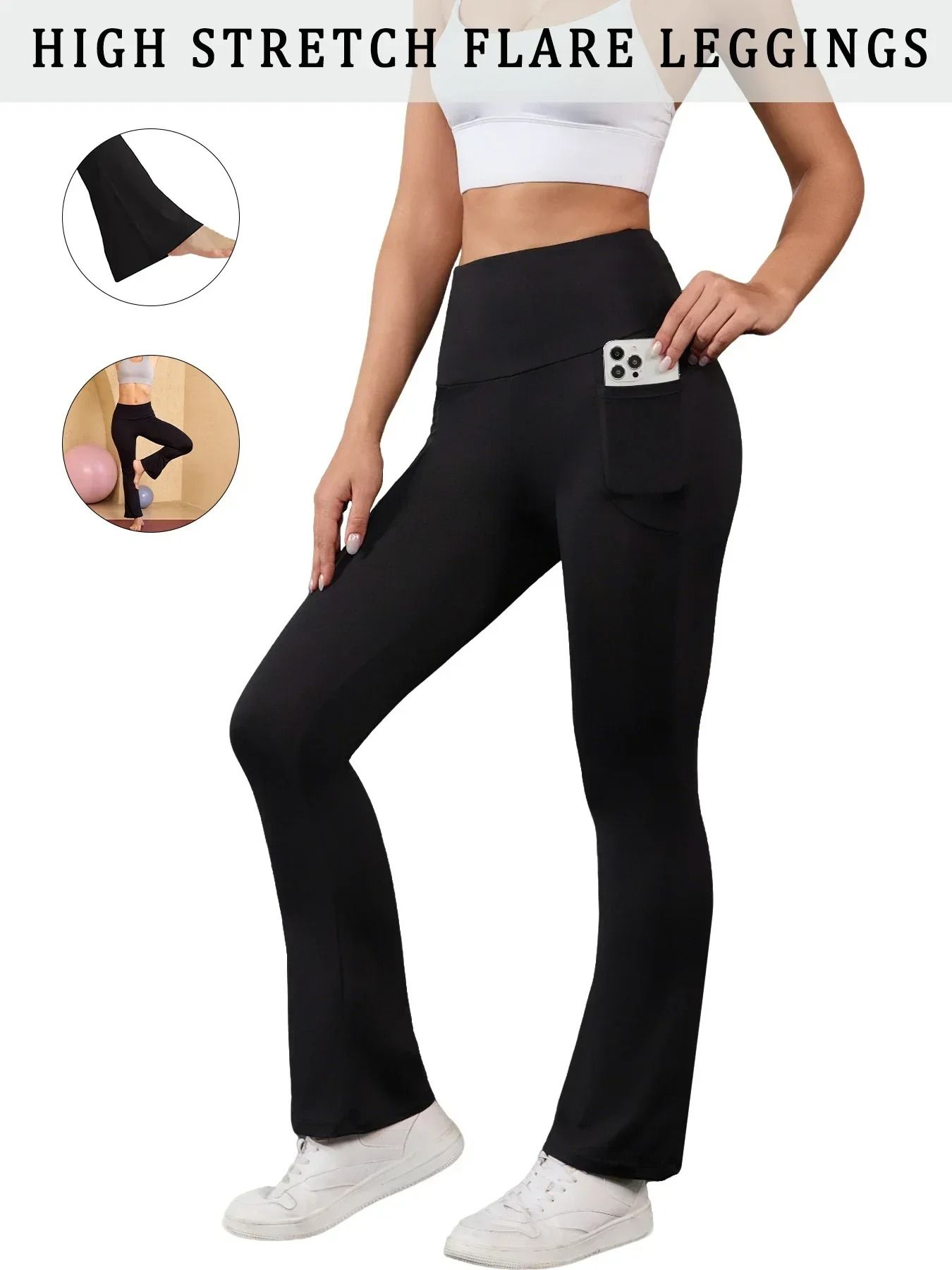 Womens Super Soft Flare Pants with Pockets High Waisted Yoga Bell Bottom Leggings