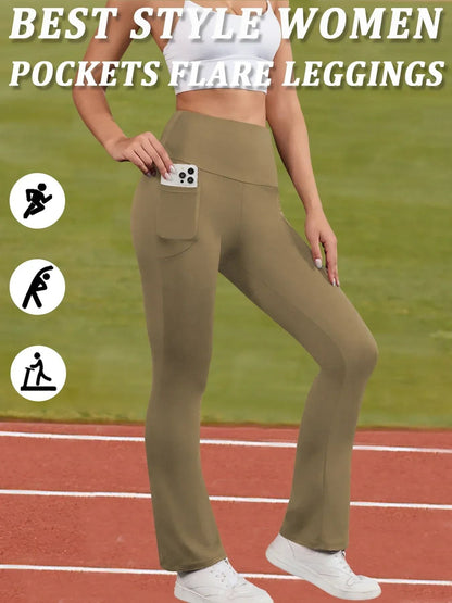 Womens Super Soft Flare Pants with Pockets High Waisted Yoga Bell Bottom Leggings