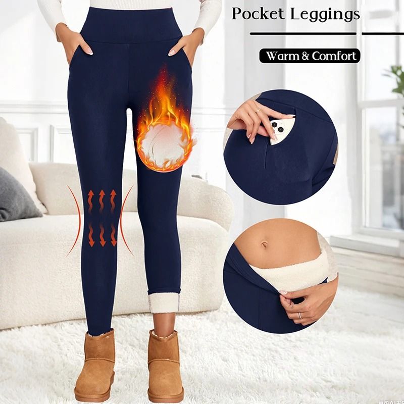 Women Velvet Fleece Leggings with Pockets Warm Winter Stretch Pants