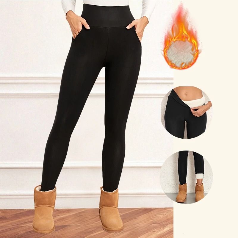 Women Velvet Fleece Leggings with Pockets Warm Winter Stretch Pants
