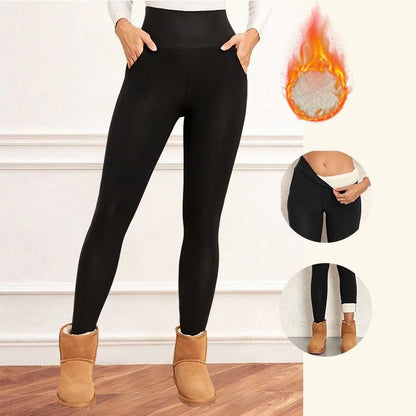 Women Velvet Fleece Leggings with Pockets Warm Winter Stretch Pants