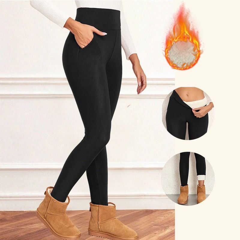 Women Velvet Fleece Leggings with Pockets Warm Winter Stretch Pants