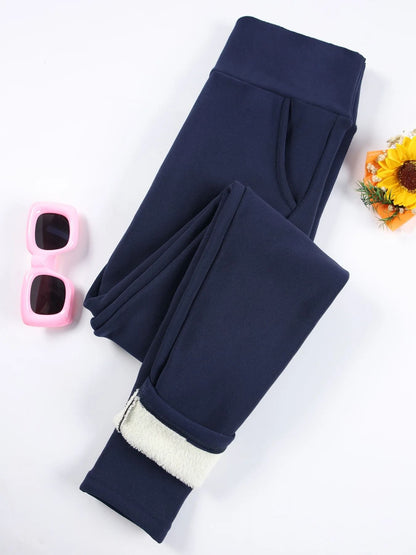 Women Velvet Fleece Leggings with Pockets Warm Winter Stretch Pants