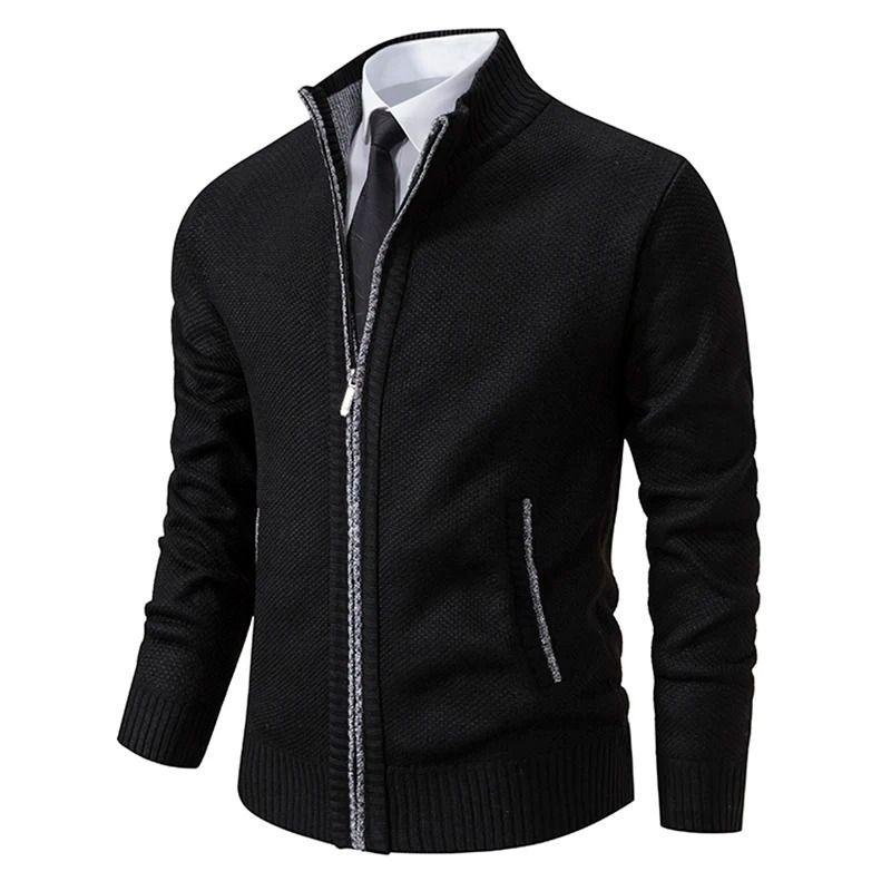 Men Fleece Lined Sports Jacket Warm Zipper Stand Collar Cardigan