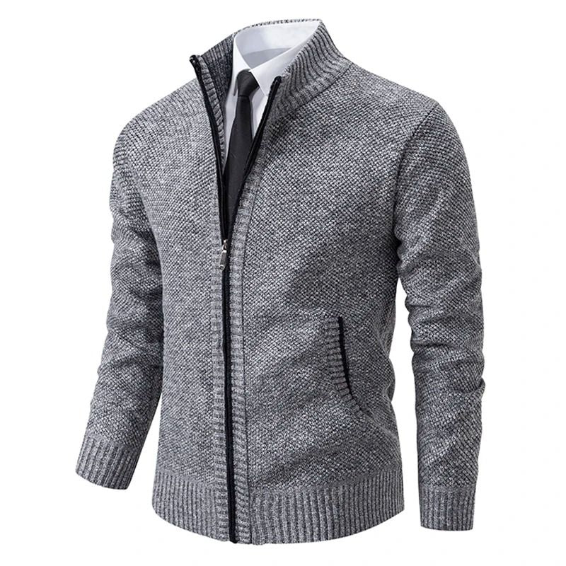 Men Fleece Lined Sports Jacket Warm Zipper Stand Collar Cardigan