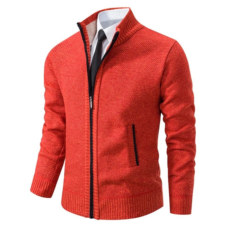 Men Fleece Lined Sports Jacket Warm Zipper Stand Collar Cardigan