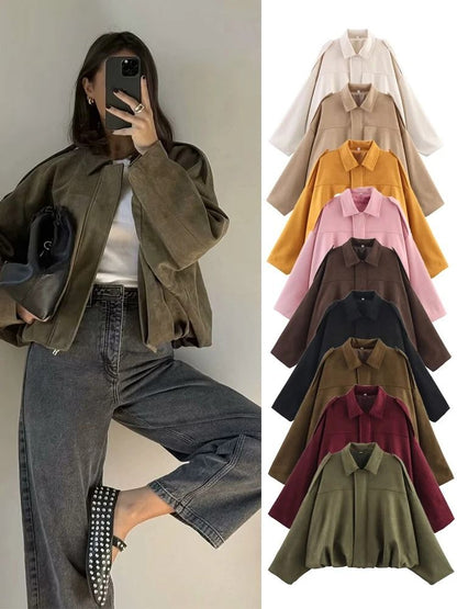 Women Suede Bomber Jacket Long Sleeve Oversize Zipper Coat Streetwear