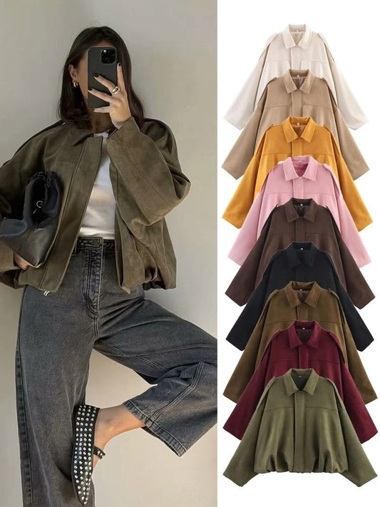 Women Suede Bomber Jacket Long Sleeve Oversize Zipper Coat Streetwear