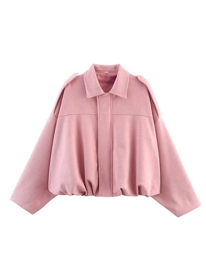 Women Suede Bomber Jacket Long Sleeve Oversize Zipper Coat Streetwear