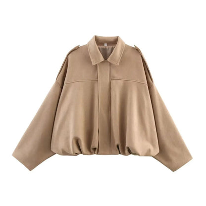 Women Suede Bomber Jacket Long Sleeve Oversize Zipper Coat Streetwear
