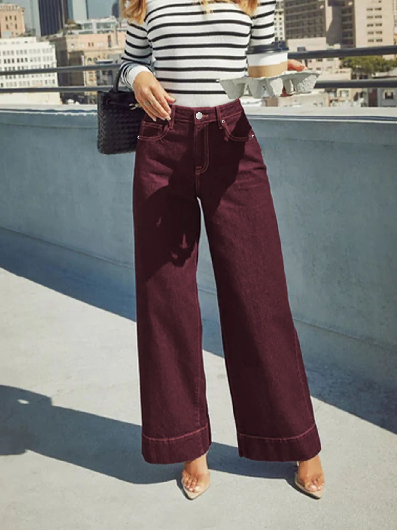 Womens Burgundy High Waist Stretch Wide-Leg Jeans