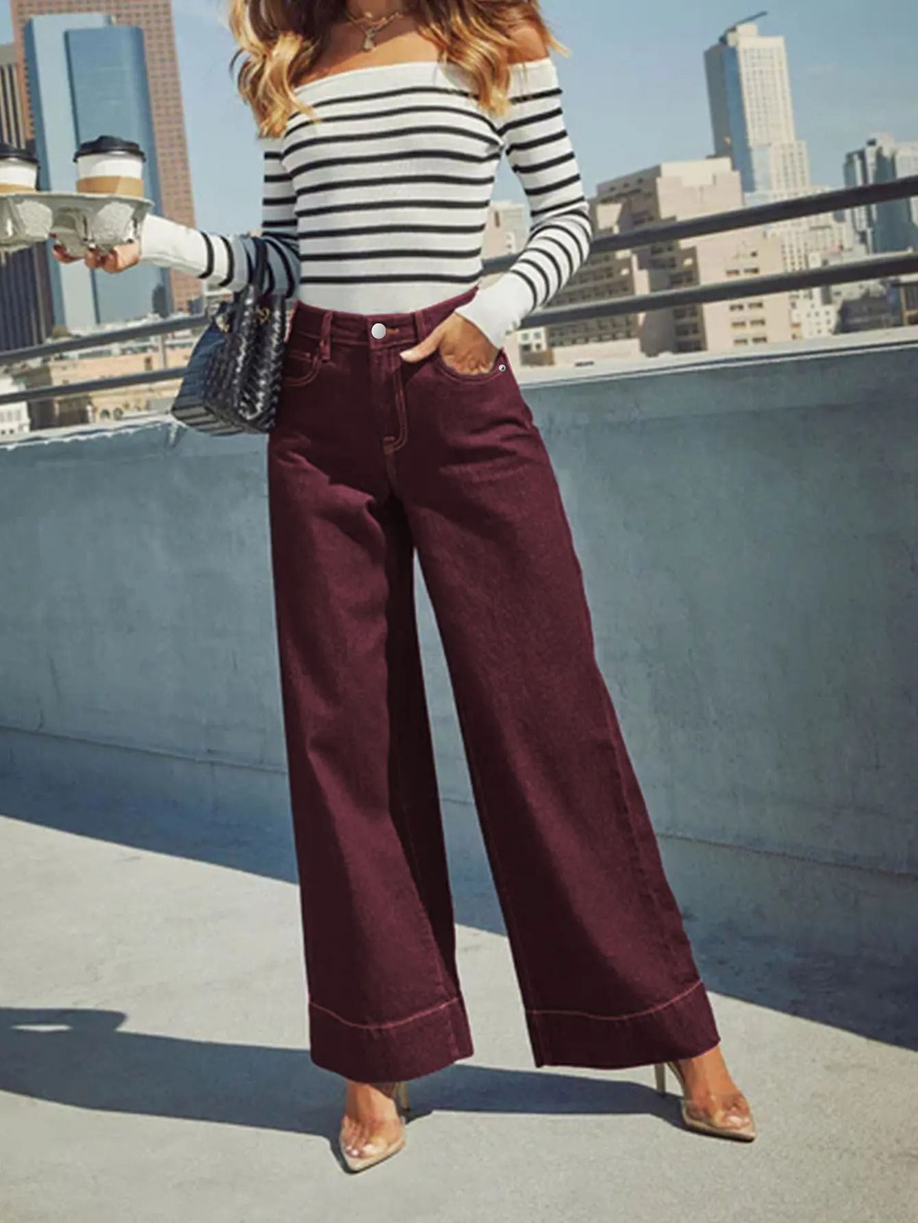 Womens Burgundy High Waist Stretch Wide-Leg Jeans