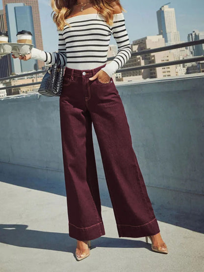 Womens Burgundy High Waist Stretch Wide-Leg Jeans