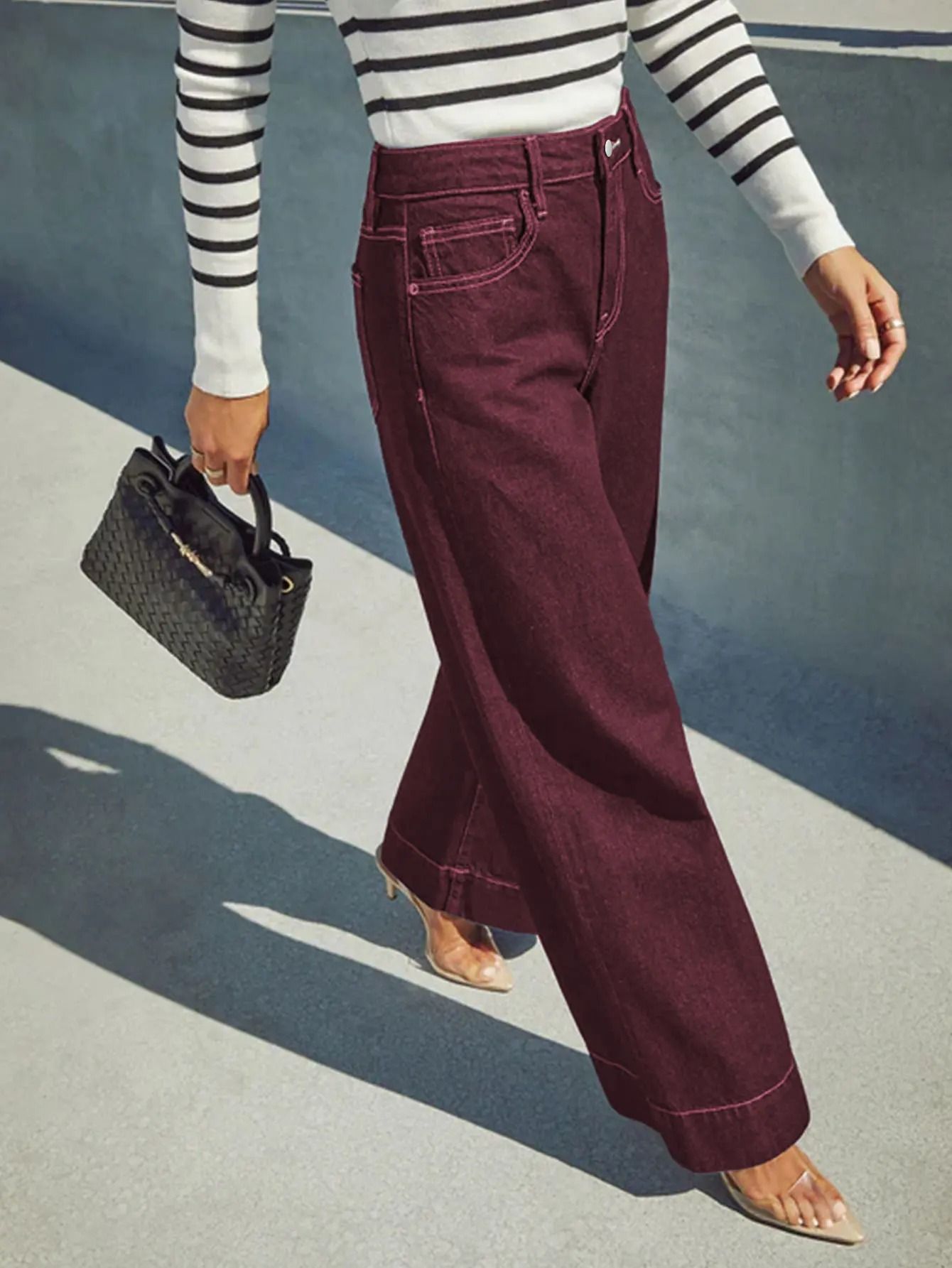 Womens Burgundy High Waist Stretch Wide-Leg Jeans