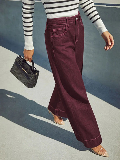 Womens Burgundy High Waist Stretch Wide-Leg Jeans