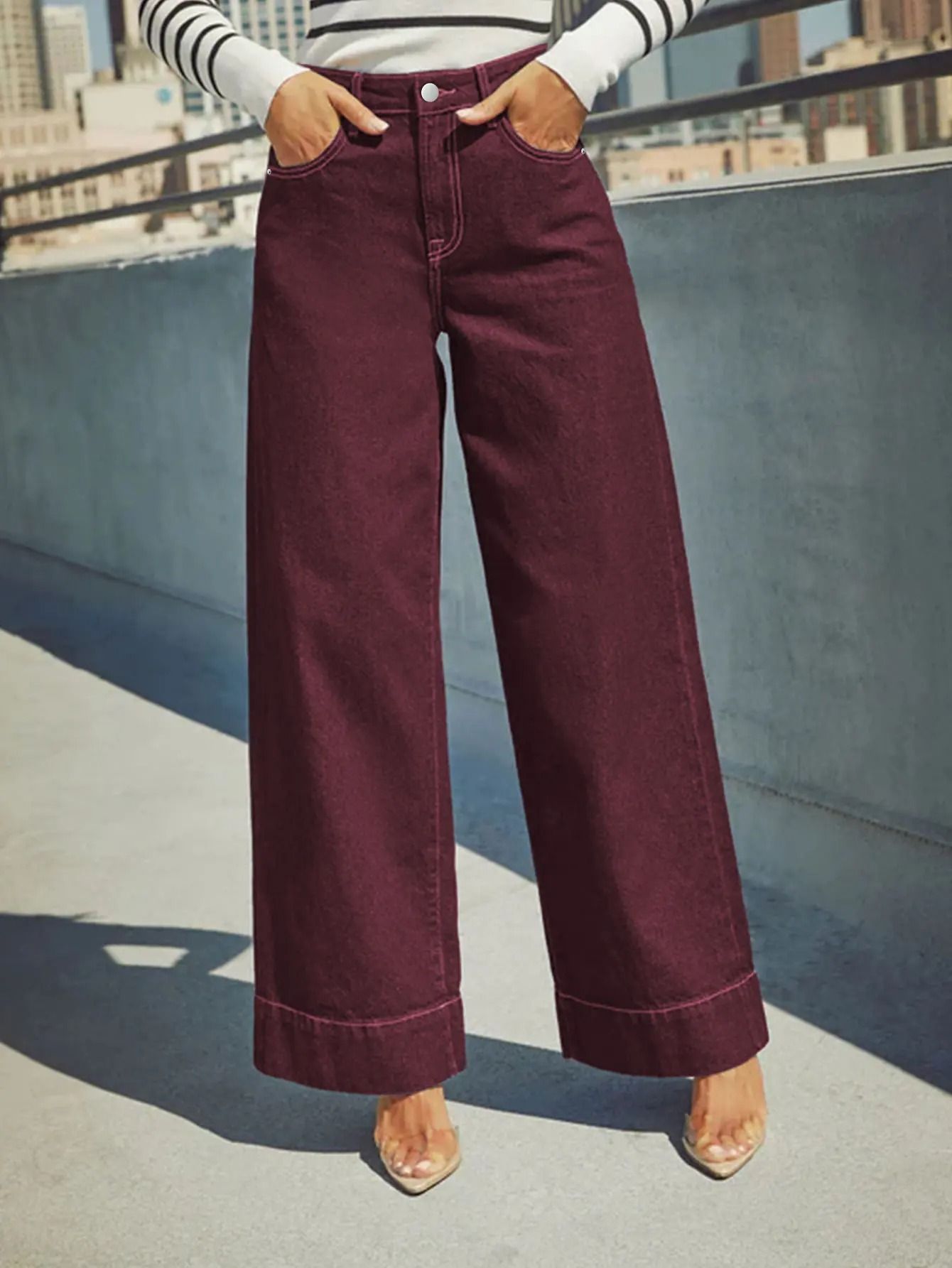 Womens Burgundy High Waist Stretch Wide-Leg Jeans