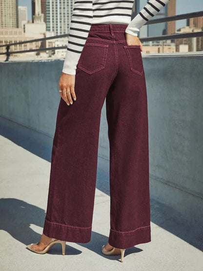 Womens Burgundy High Waist Stretch Wide-Leg Jeans