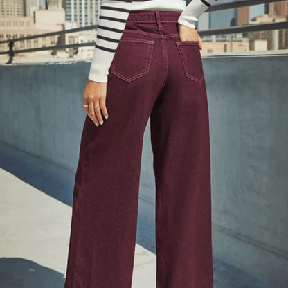 Womens Burgundy High Waist Stretch Wide-Leg Jeans