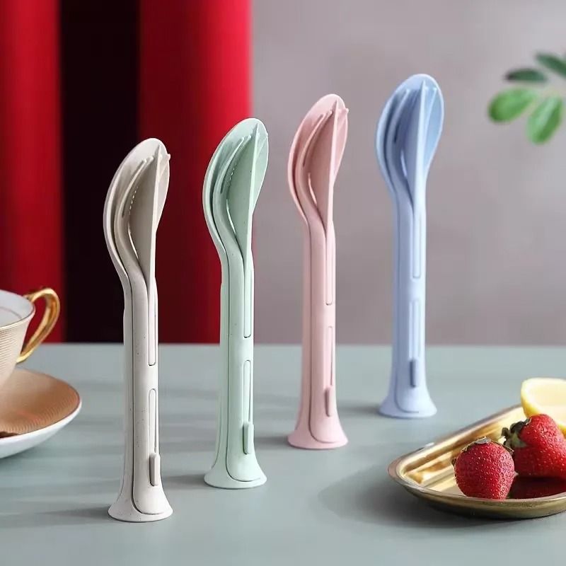 Portable Wheat Straw Dinnerware Set 3 Piece Travel Tableware Cutlery Picnic